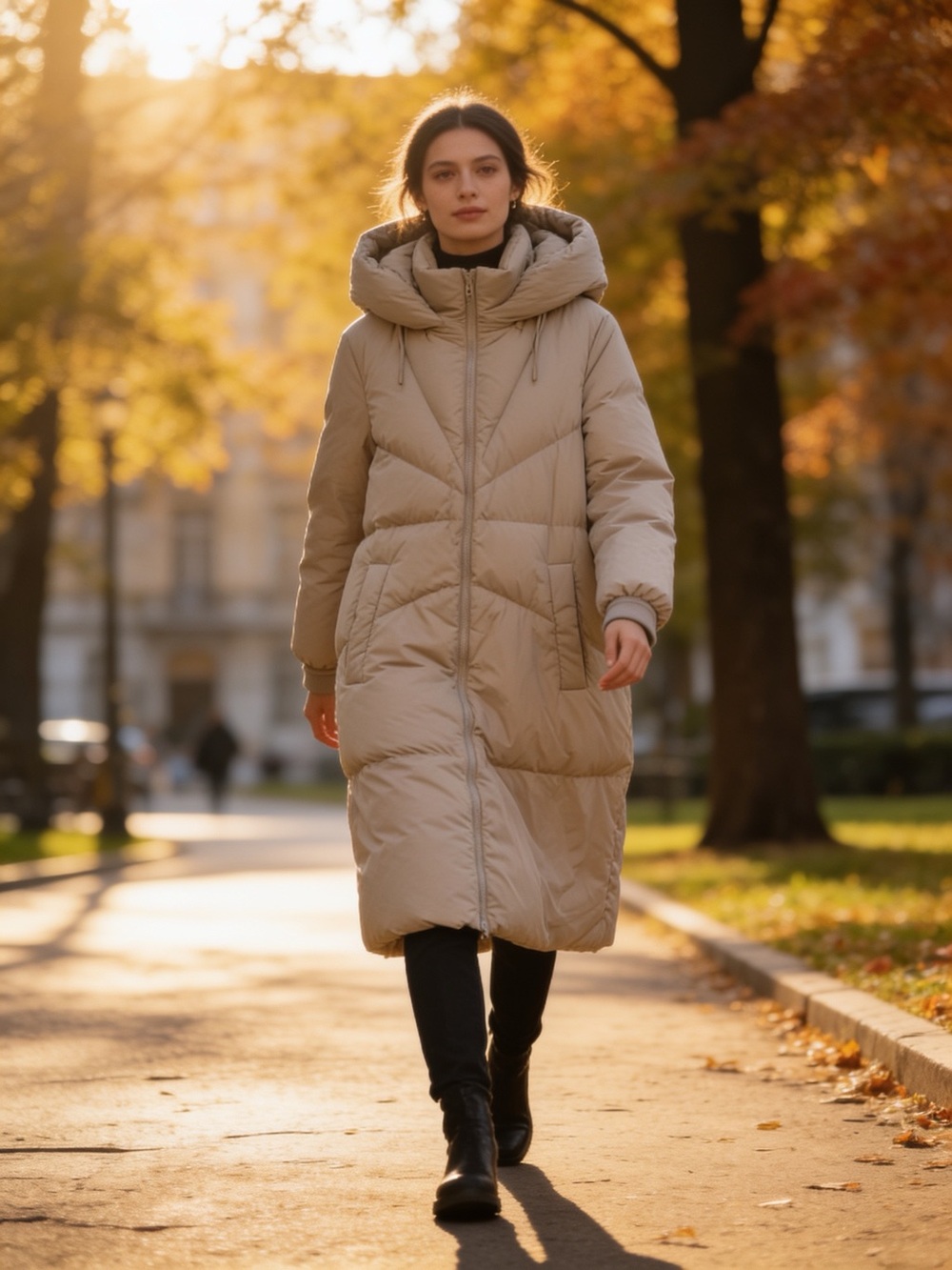Andrew Marc Beige Long Hooded Puffer Coat